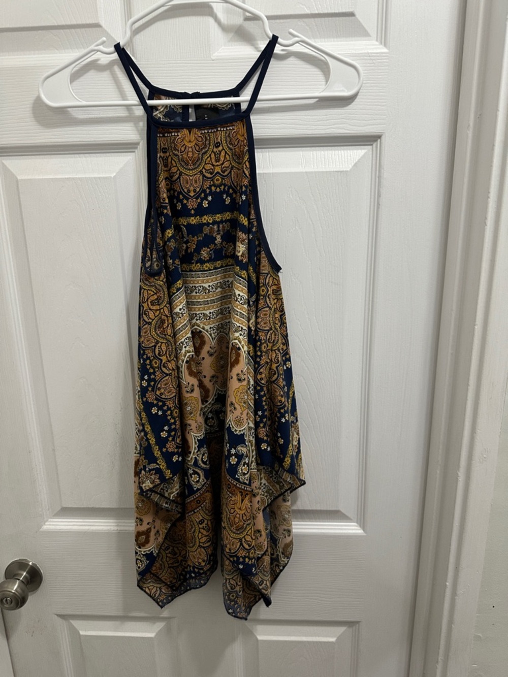 Romeo & Juliet Couture Navy Paisley Halter Boho Tank with Gold Accents